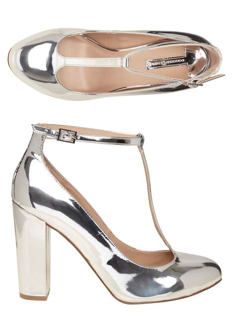 Silver 'Britney' T-Bar Court shoes